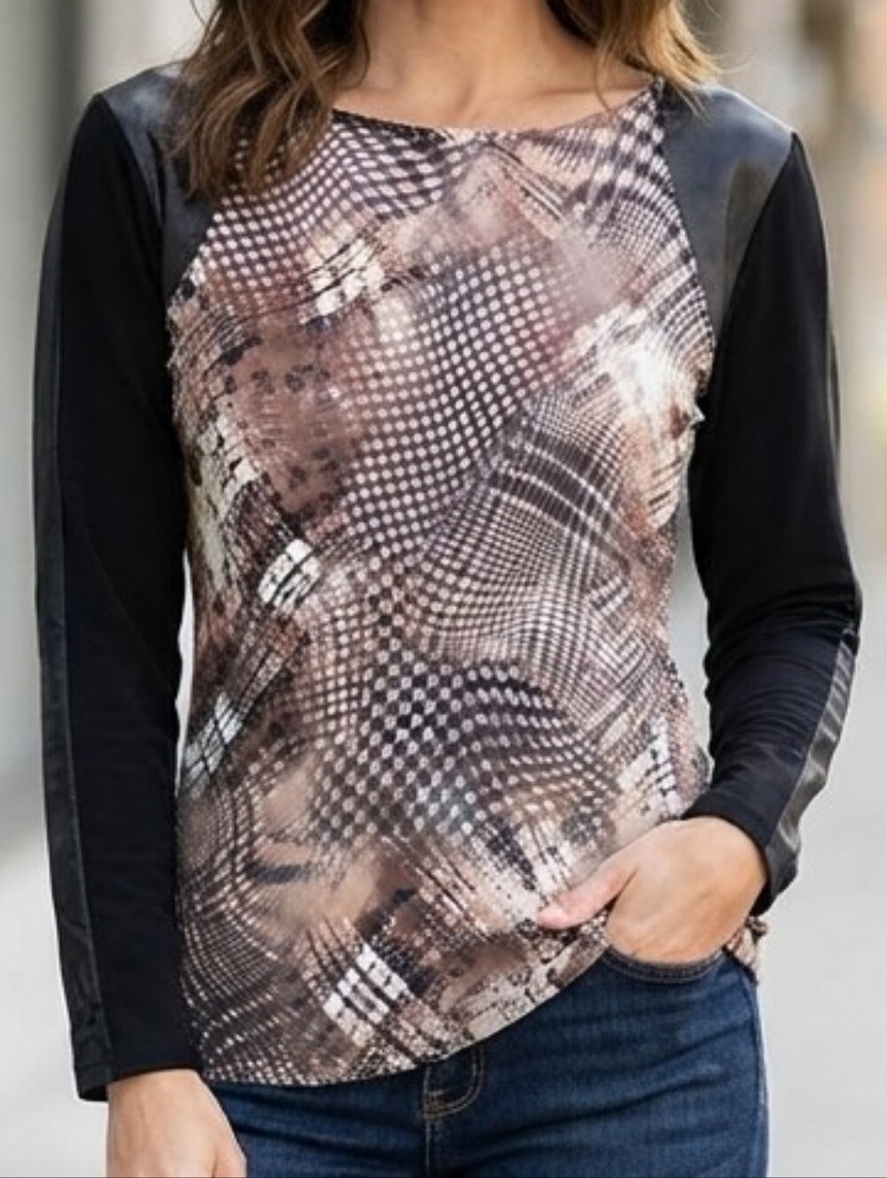 Vivian Wong Abstract Houndstooth & Faux Leather Sleeve Top